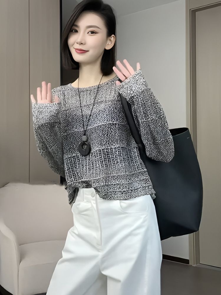 复古镂空设计感圆领长袖针织衫女2025新款早春宽松小个子洋气上衣