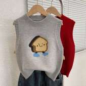 秋季 上衣马甲 设计感小众圆领叠穿无袖 时尚 卡通针织背心女2025新款