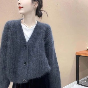 2025慵懒风轻奢长袖水貂绒开衫入秋外套v领外穿软糯针织毛衣女潮