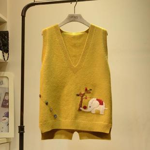 宽松套头无袖 彩扣小象V领针织马甲女韩版 毛衣背心外穿潮 新款 秋季