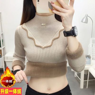 加厚一体绒毛衣女士秋冬新款加绒打底衫洋气内搭半高领保暖毛衣