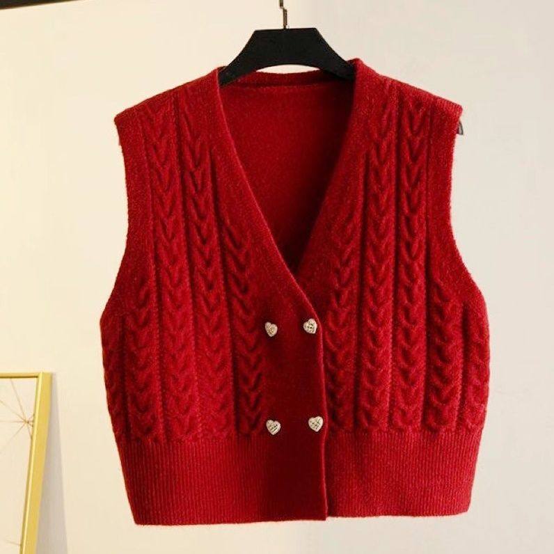 双排扣开衫马甲外套春秋季外搭叠穿短款背心宽松针织纯色坎肩马甲,女装/女士精品,马夹,淘宝优惠券,粉丝福利购,淘宝优惠卷