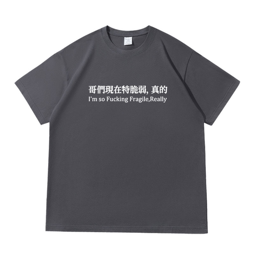 哥们/姐们现在特脆弱，真的标语短袖落肩款260克重磅男女夏季t恤