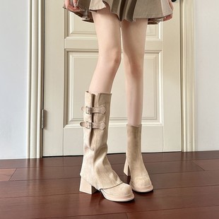 牛皮 管靴女秋冬高筒长靴 真皮两穿可拆卸复古高跟靴子厚底粗跟裤
