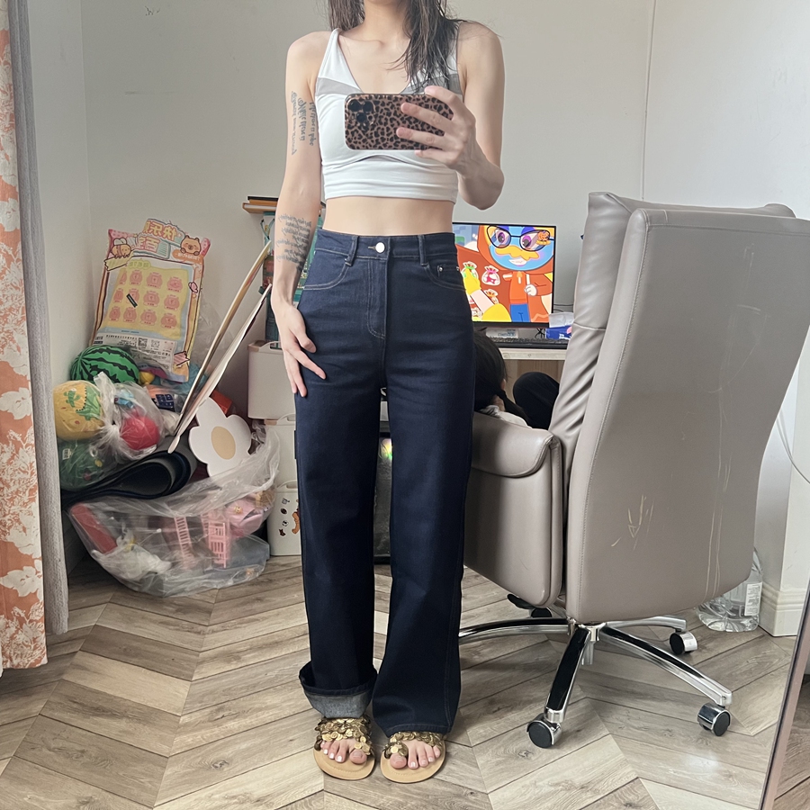 高弹秋新款深蓝色直筒拖地裤