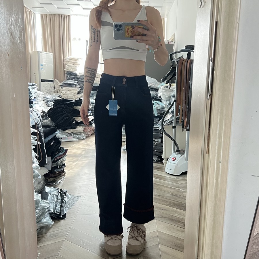 高弹）加绒）深蓝直筒牛仔裤