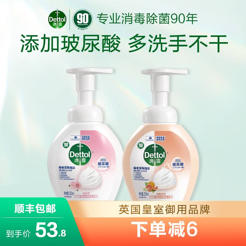 滴露玻尿酸泡沫洗手液250ml*2儿童泡泡抑菌家用按压装官方旗舰店