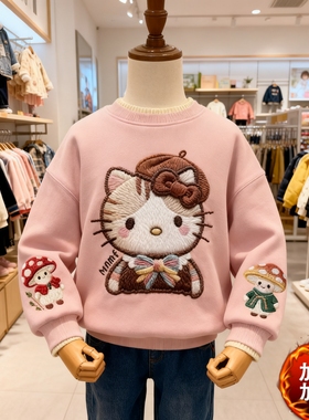 甜美可爱风Hello Kitty卡通印图加绒卫衣女秋冬保暖上衣