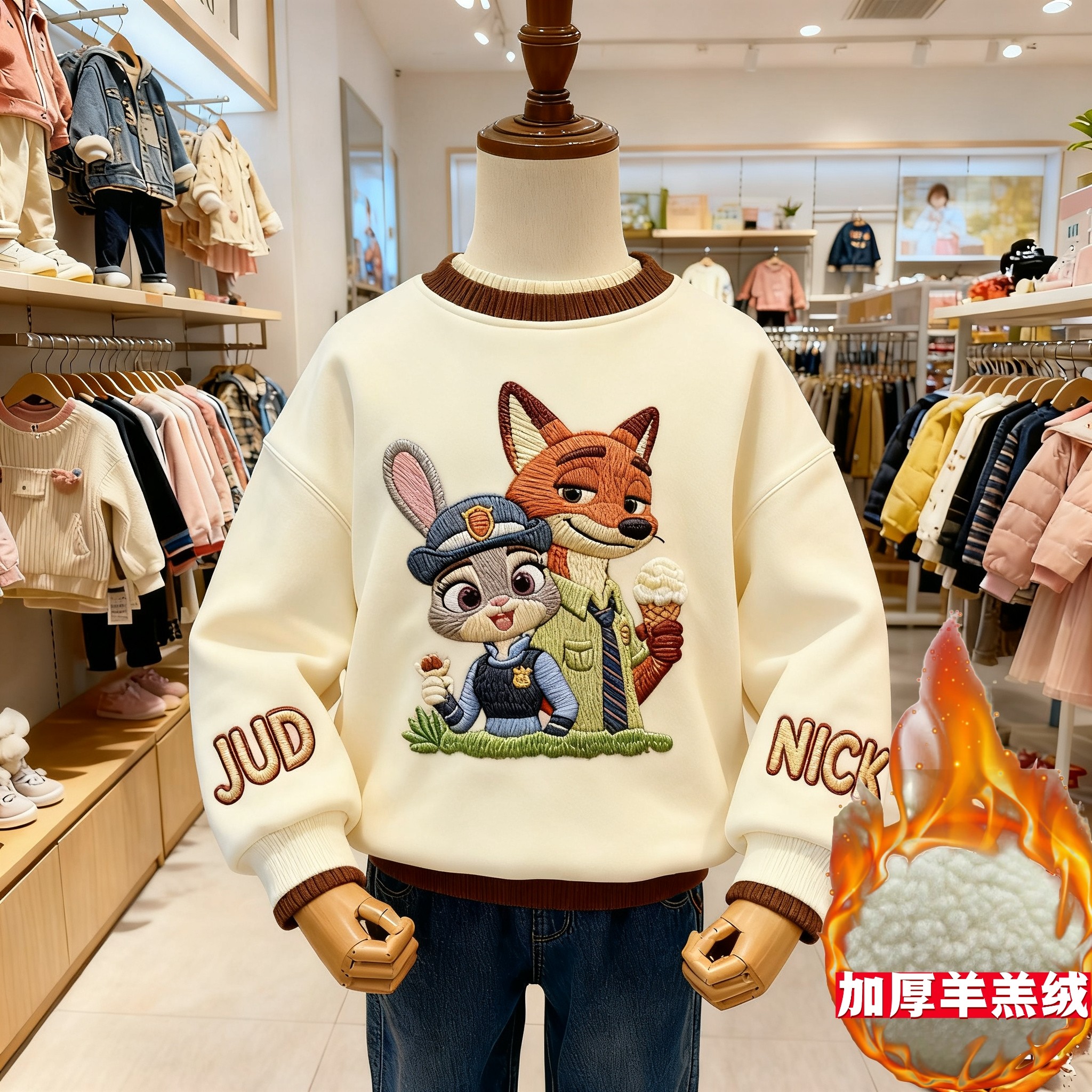 朱迪尼克疯狂动物城羊羔绒加厚卡通印图加绒卫衣女秋冬保暖上衣