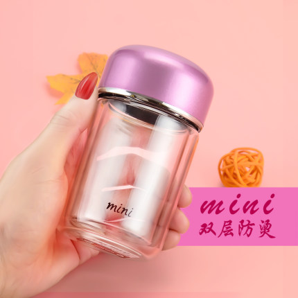 超小水杯女士玻璃杯子迷你双层防烫可爱花茶杯耐热矮胖便携100ml