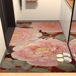 国风牡丹中式 皮革入户门地垫可擦洗免洗PVC防水防油防滑进门脚垫