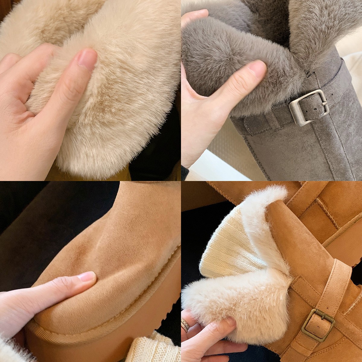 狗尾草葡萄妈同款~厚底毛毛加绒加厚保暖棉鞋中长筒雪地靴女冬季