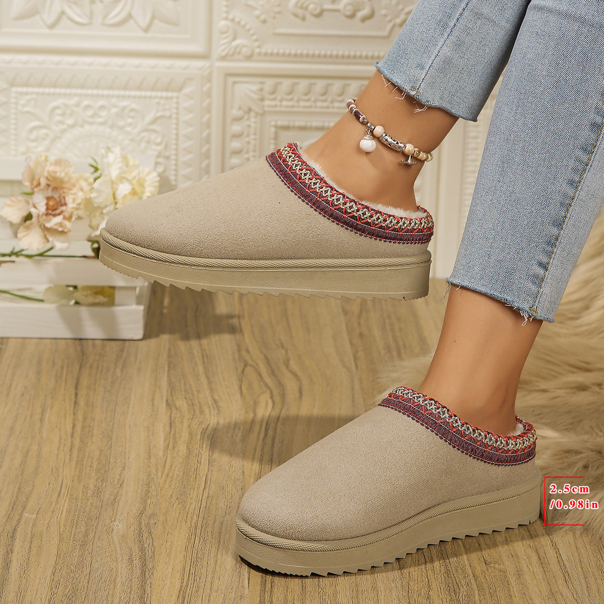 狗尾草雪地靴24女43码加绒皮毛保暖厚底拖鞋松糕底无后跟半托雪地