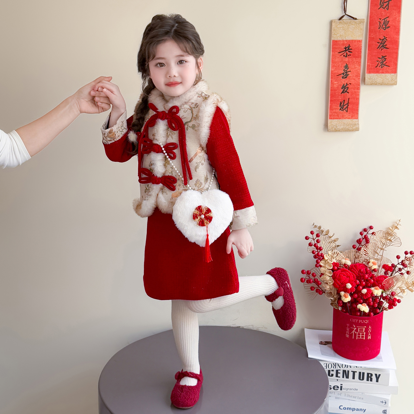 女童夹棉加厚旗袍裙拜年服套装