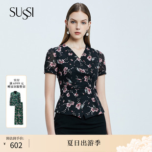 襯衫 SUSSI古色夏季 新品 黑色通勤印花雪紡短袖 上衣女