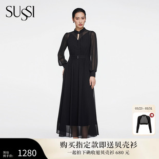 收碎褶长款 SUSSI 黑色雪纺空调罩衫 商场同款 通勤外套 古色26春新款