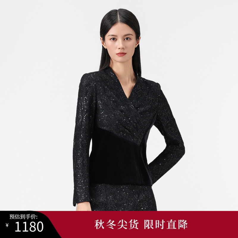 SUSSI/古色25春商场同款交插领长袖贴花蕾丝绣片拼丝绒上衣小香风