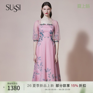 SUSSI/古色商场同款粉色短减龄温柔仙女印花连衣裙女