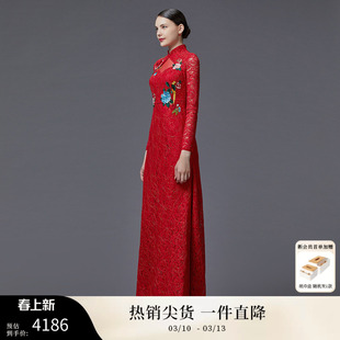 SUSSI/古色春商场同款红色蕾丝长袖立领大礼服中式风修身型