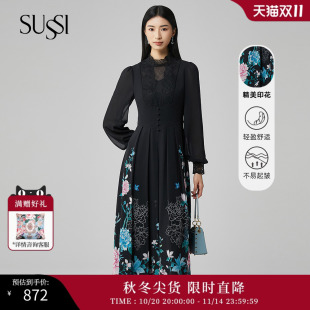 灯笼袖 SUSSI 复古风格 黑色法式 收腰印花连衣裙女 古色24春商场同款