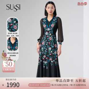 商场同款 黑色复古泡泡袖 古色春季 刺绣中长款 连衣裙女 新品 SUSSI