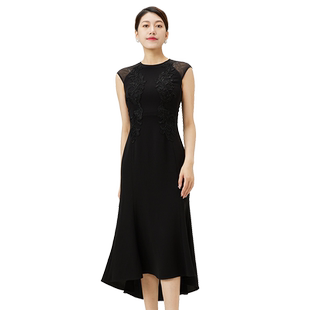 SUSSI/古色夏季新款商场同款黑色圆领包肩袖贴刺绣鱼尾连衣裙