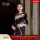 古色冬季 新款 商场同款 SUSSI 黑色印花长袖 拼接蕾丝连衣裙女
