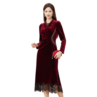 SUSSI/古色冬商场同款新年红装丝绒连衣裙鱼尾裙女