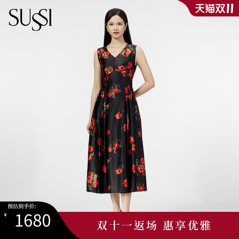 SUSSI/古色25夏商场同款黑底红花无袖经典X型连衣裙