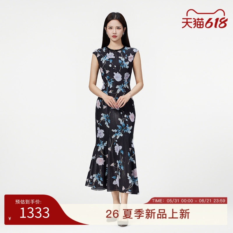 SUSSI/古色夏新款商场同款圆领包肩无袖印花鱼尾连衣裙
