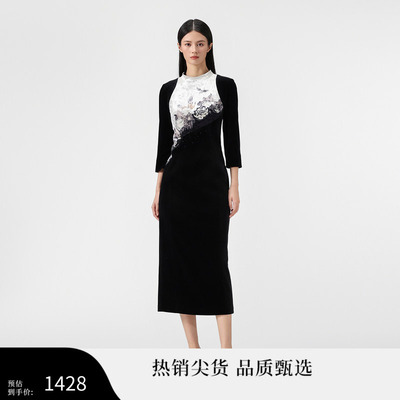 SUSSI/古色古色春商场同款连身立领中长袖丝绒印花连衣裙宴会