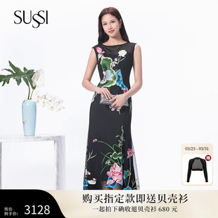 高腰连衣裙女 黑色圆领刺绣宴会度假无袖 SUSSI 古色商场同款