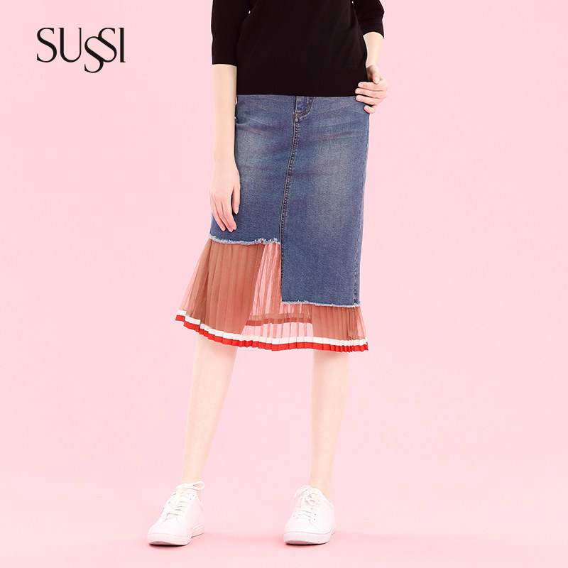 SUSSI/古色夏新品 英姿舞彩牛仔拼色雪纺压褶摆半身裙 28238600|msdalam kategori Butik wanita / wanita, skirt - dari Buy2taobao.com untuk memberikan perkhidmatan ejen Taobao profesional membeli