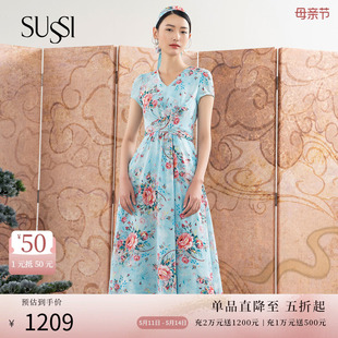 蓝色印花V领高腰中长款 SUSSI 古色夏季 新品 碎花连衣裙显瘦夏女