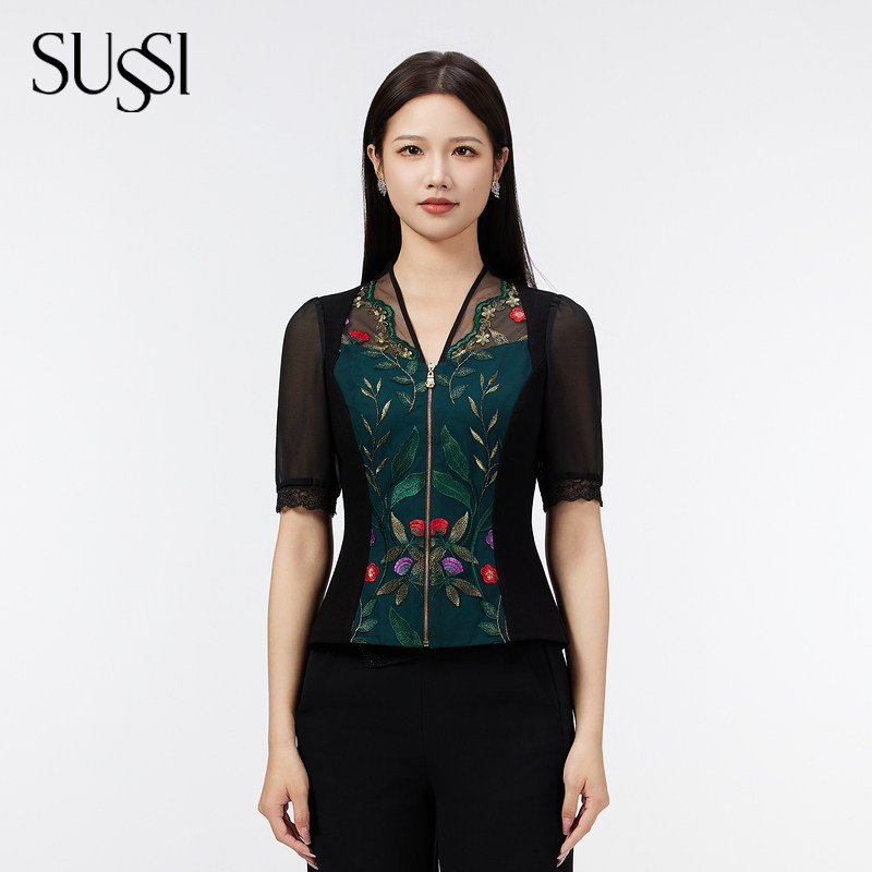 SUSSI/古色25夏商场同款V领灯笼短袖网纱刺绣上衣中式国风气质,女装/女士精品,蕾丝衫/雪纺衫,淘宝优惠券,粉丝福利购,淘宝优惠卷