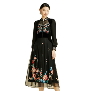 SUSSI/古色春夏商场同款黑色旗袍领刺绣泡泡长袖连衣裙女
