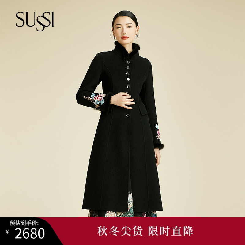 黑色毛条打褶立领单排扣长大衣