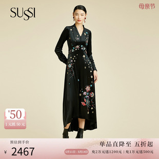 商场同款 SUSSI 新品 黑色V领刺绣正中长款 古色冬季 连衣裙女