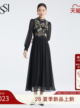 SUSSI/古色季新款商场同款黑色刺绣宫廷古典风收腰连衣裙女装