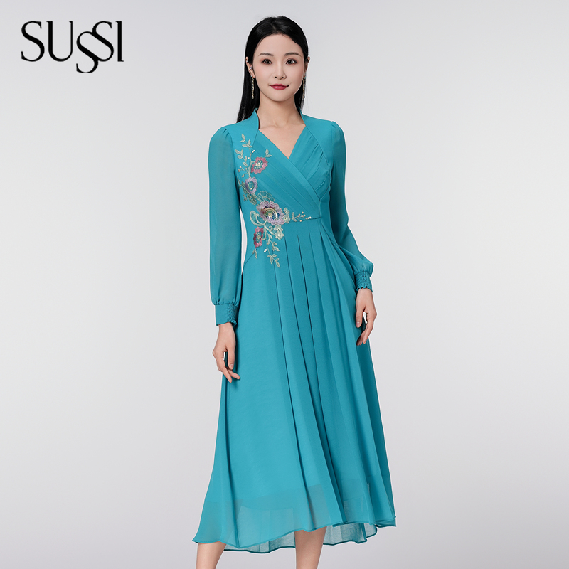 SUSSI/古色25春季新品商场同款交插领灯笼长袖贴花褶摆连衣裙