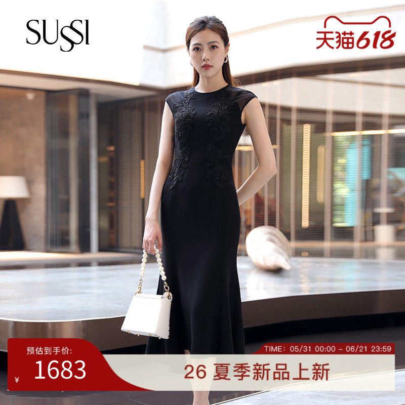 SUSSI/古色夏季新品商场同款黑色圆领包肩袖贴刺绣鱼尾连衣裙