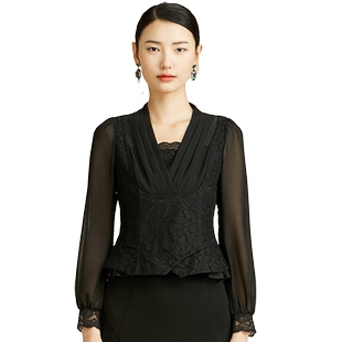 SUSSI/古色秋季新款商场同款黑色百搭V领灯笼袖上衣女