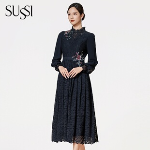 SUSSI/古色冬季新款商场同款黑色宫廷风高级刺绣收腰连衣裙女装