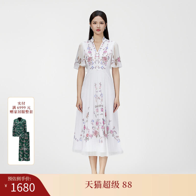 SUSSI/古色25夏商场同款立领荷叶短袖印花经典X型连衣裙夏日出游