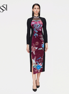 SUSSI/古色冬商场同款酒红新中式妈妈婚宴礼服连衣裙