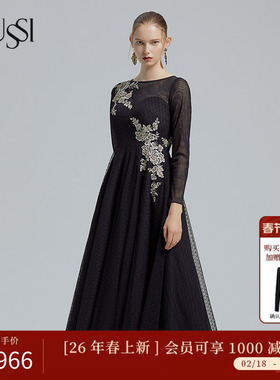 SUSSI/古色春季黑色网纱贴花气质复古轻奢高级感连衣裙6201N3160
