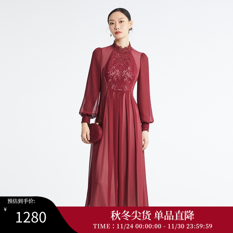 SUSSI/古色季新品商场同款酒红红装喜婆婆优雅收腰连衣裙女装