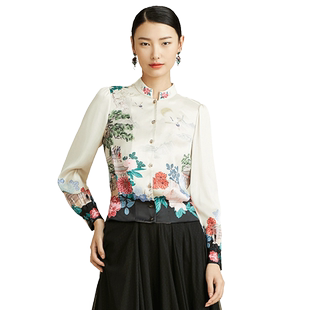 SUSSI/古色秋季新款商场同款杏色复古印花立领衬衫上衣女