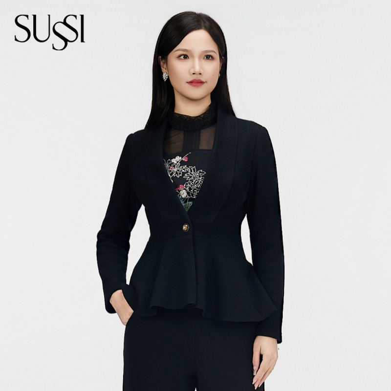 SUSSI/古色25秋商场同款翻领褶摆收腰外套小西服修身中袖简约