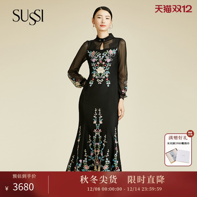 黑色立领刺绣泡泡袖中长连衣裙